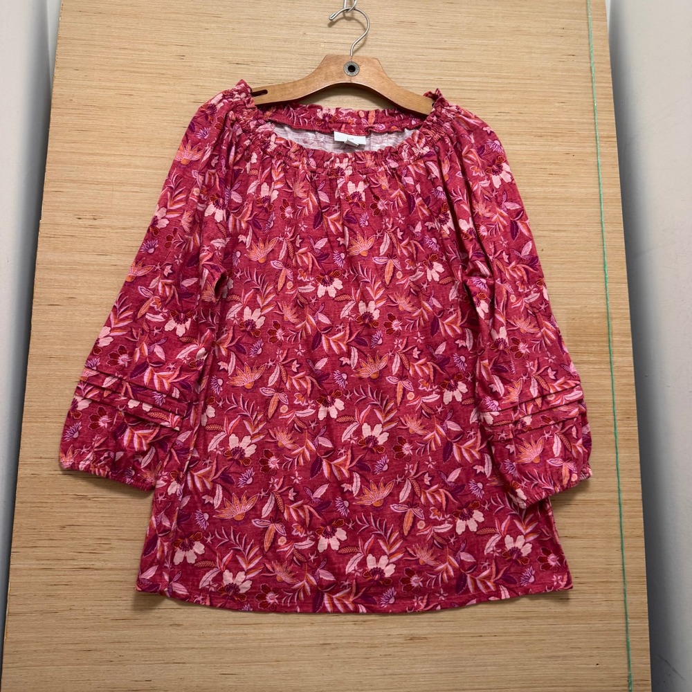 J. Jill Womens Raspberry Pink Floral Knit Top 3/4 Sleeve Boho Peasant Small‎